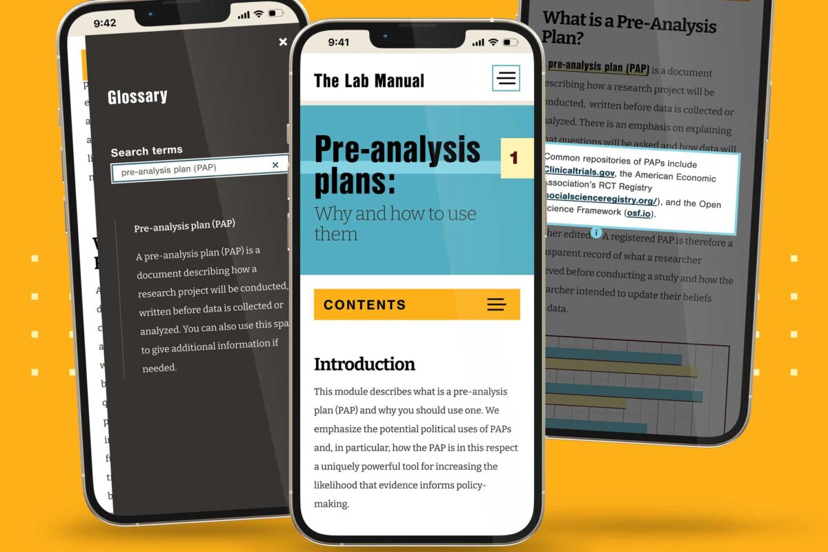 Three phones showing various features of The Lab Manual, including the top of a chapter page, a glossary, and a pop-up citation.