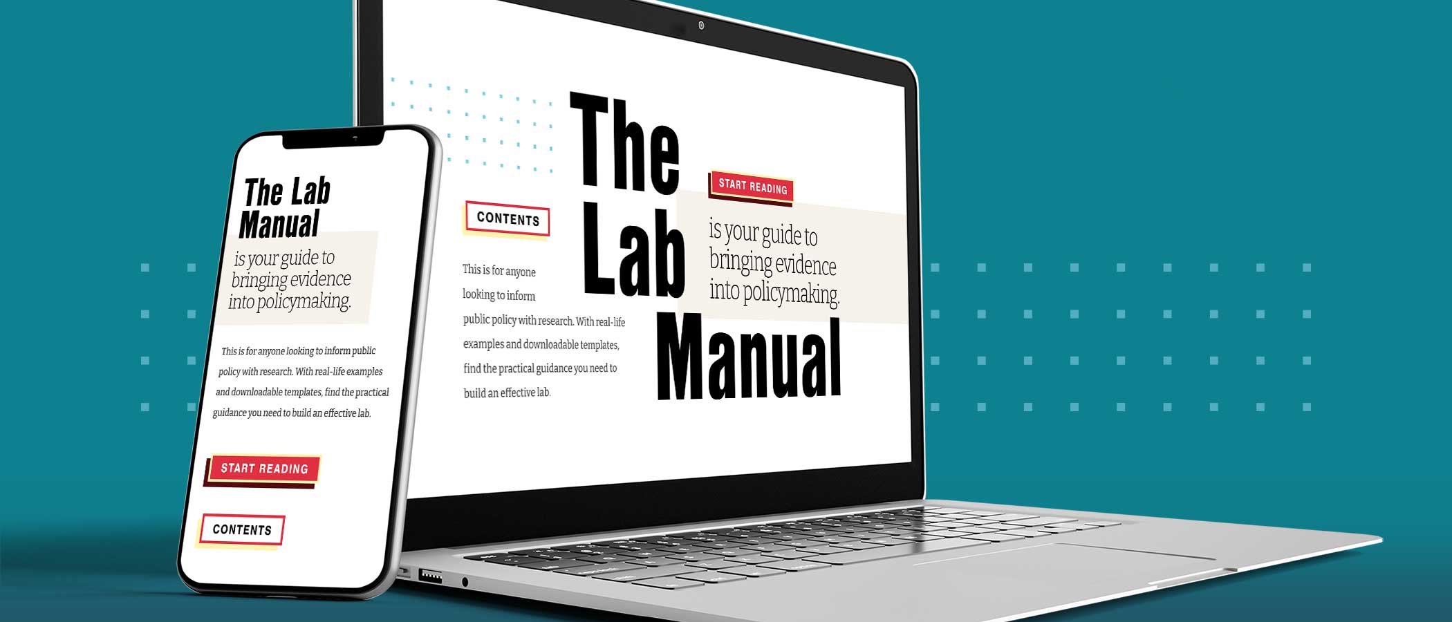 A laptop and phone, both showing a screen that says “The Lab Manual” in large text.