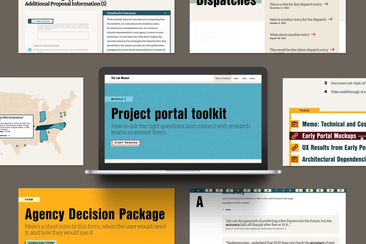 A sample of screens from The Lab Manual website, including a “Project portal toolkit” module landing page, an interactive map, links to tools, and an index.